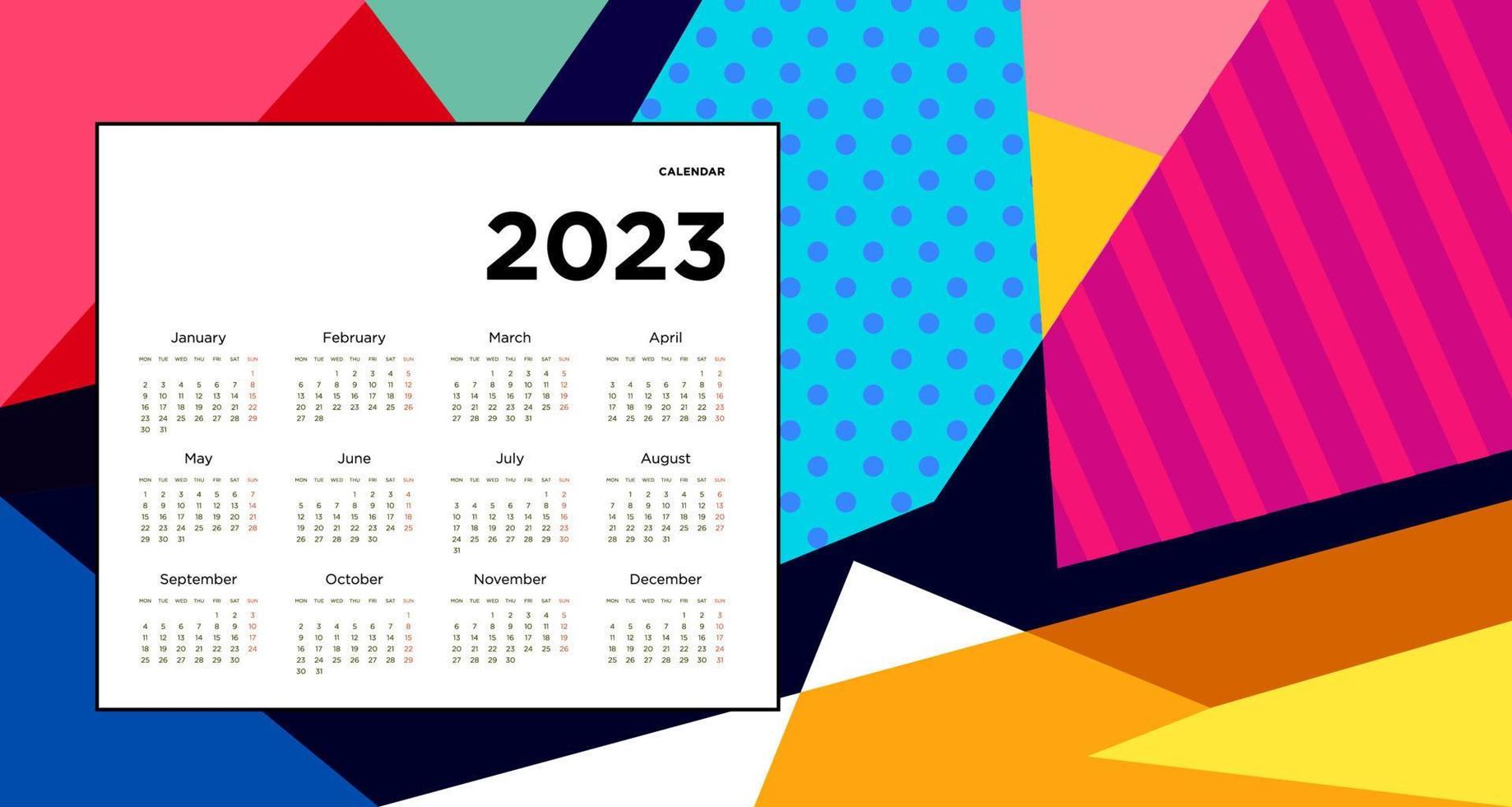 New year 2023 calendar design template with geometric colorful abstract. Vector calendar design.