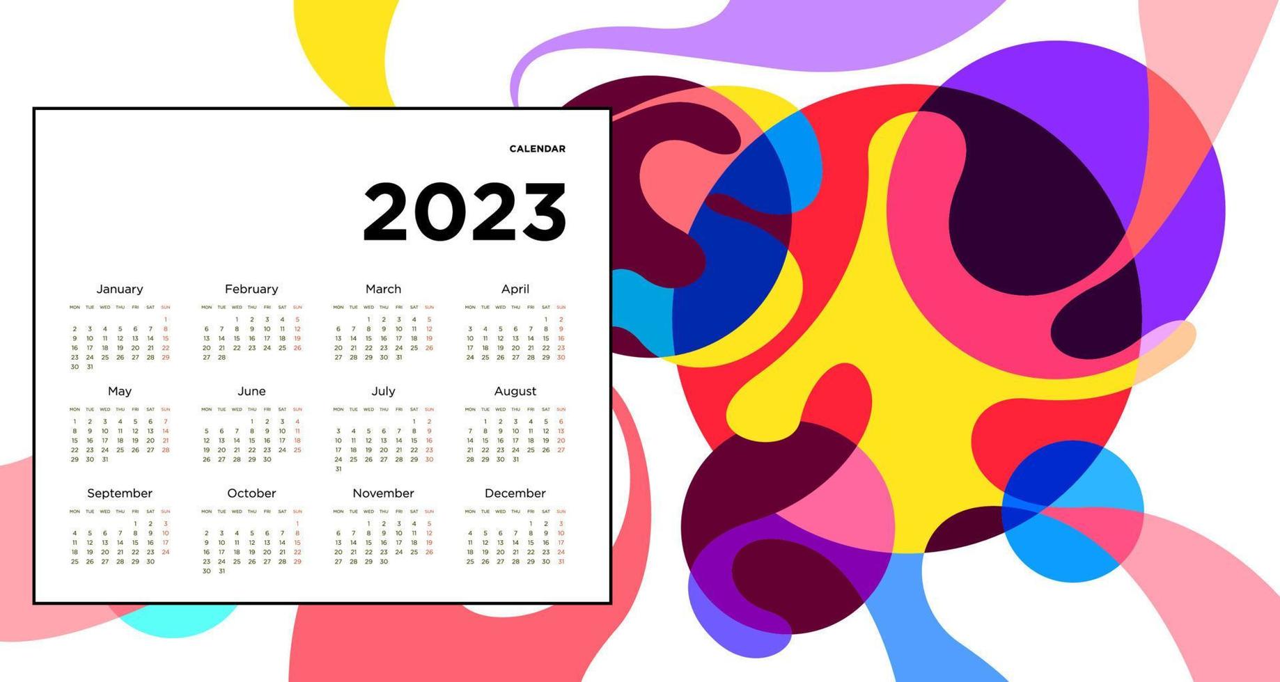 New year 2023 calendar design template with geometric colorful abstract. Vector calendar design.