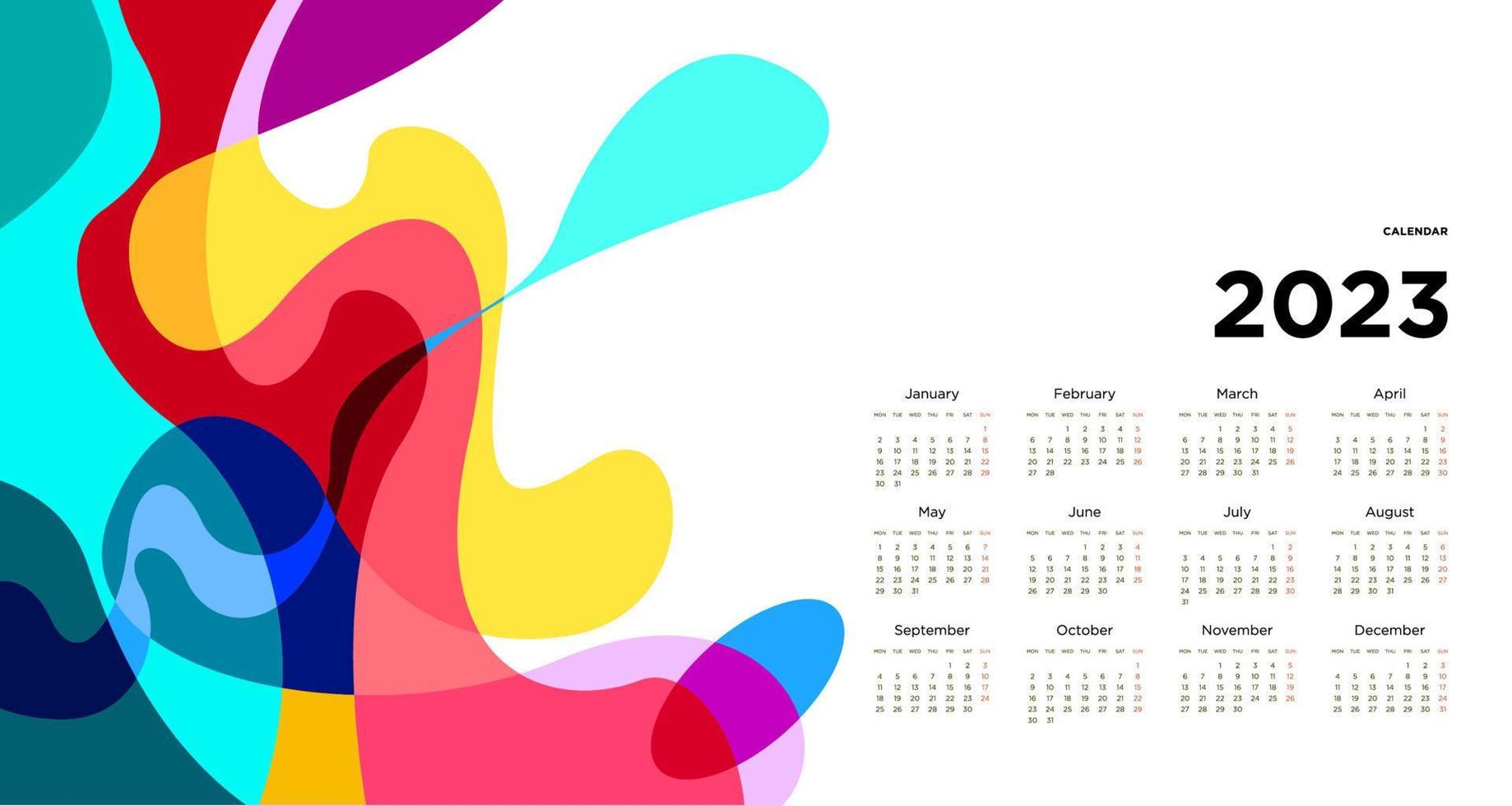 New year 2023 calendar design template with geometric colorful abstract. Vector calendar design.