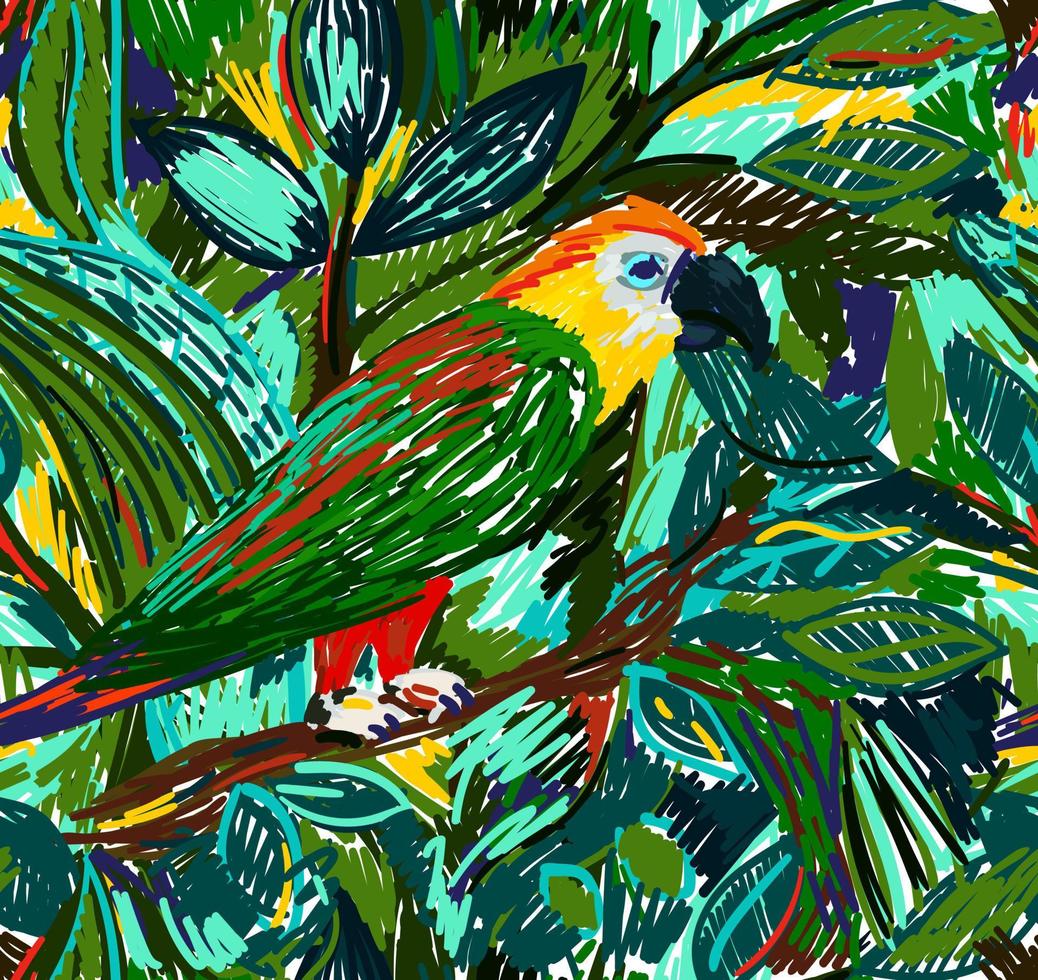Tropical seamless pattern with parrots and tropical leaves. Hand drawn abstract animalistic print. Decorative floral wallpaper. vector