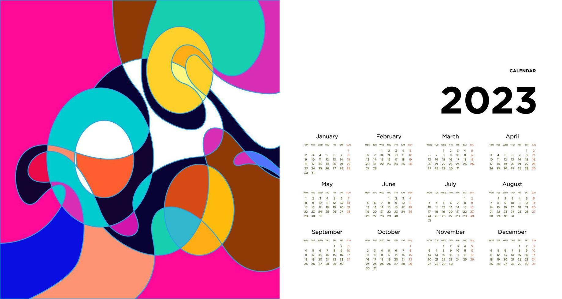 New year 2023 calendar design template with geometric colorful abstract. Vector calendar design.