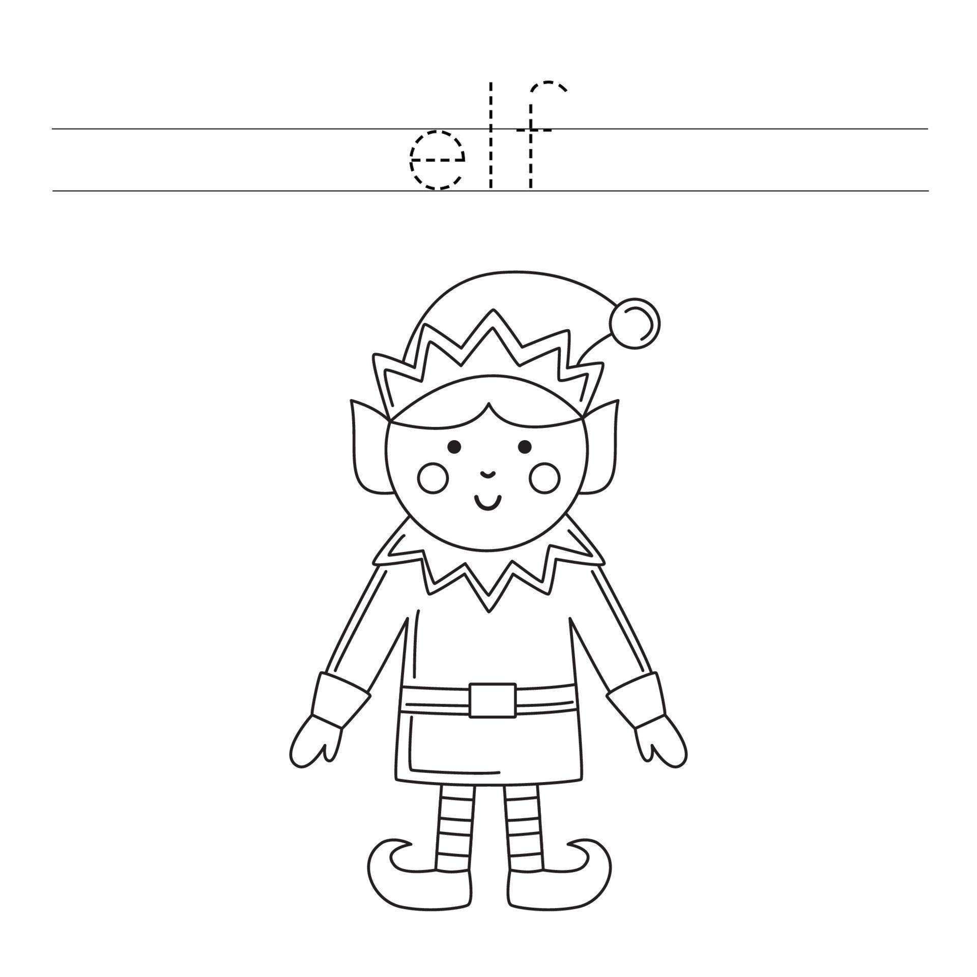 Trace the letters and color Christmas elf. Handwriting practice for