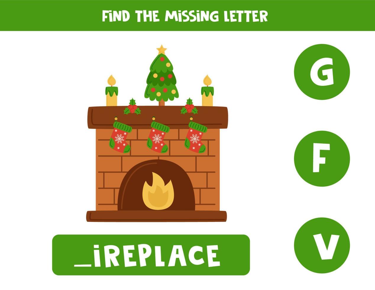 Find missing letter with cartoon fireplace. Spelling worksheet. vector