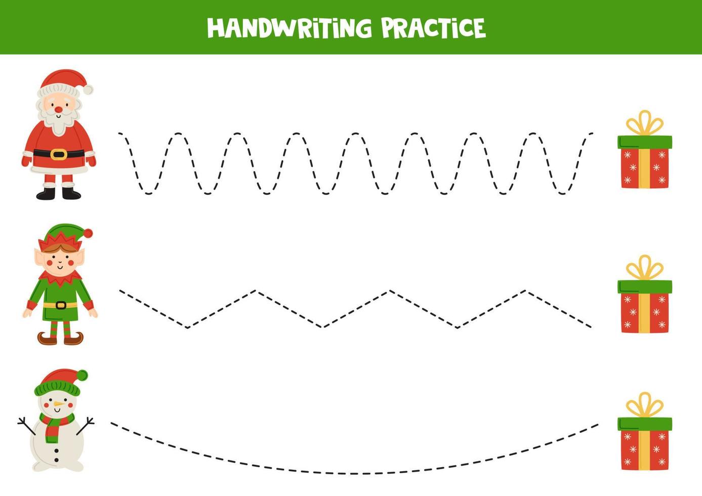 Tracing lines for kids. Cute Santa Claus, snowman and elf. Writing practice. vector