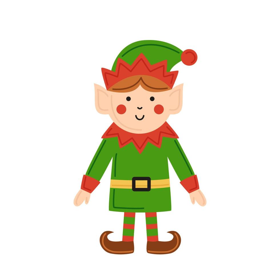 Vector illustration of cartoon cute Christmas elf isolated on white background.