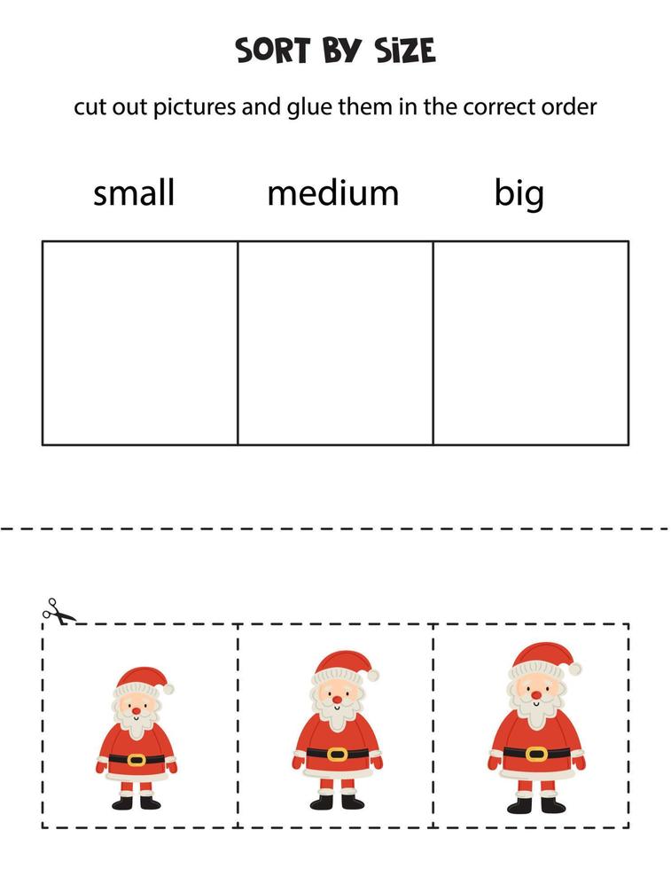 Sort cute Santa Claus by size. Educational worksheet for kids. vector