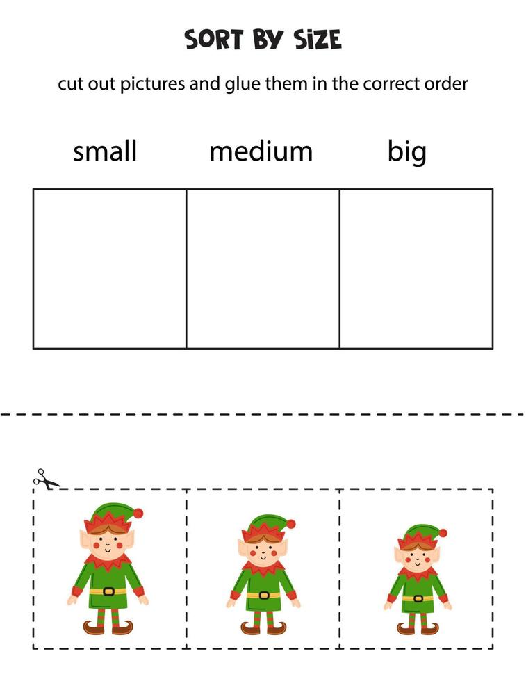 Sort cute elves by size. Educational worksheet for kids. vector