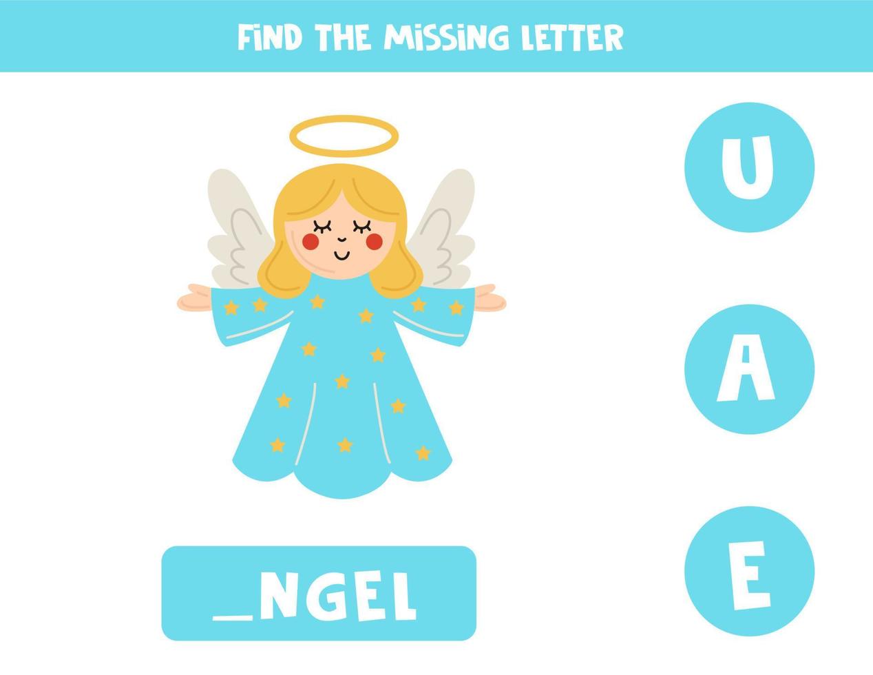 Find missing letter with cute angel. Spelling worksheet. vector