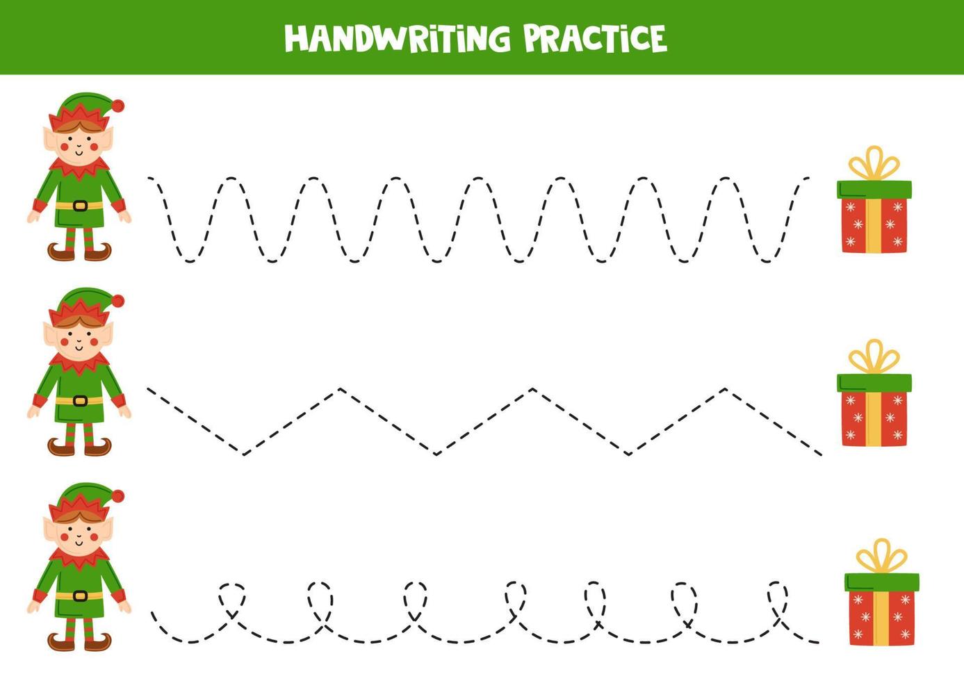Tracing lines for kids. Cute Christmas elf and presents. Writing practice. vector