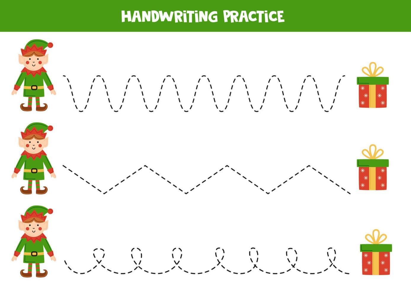 Tracing lines for kids. Cute Christmas elf and presents. Writing practice. vector