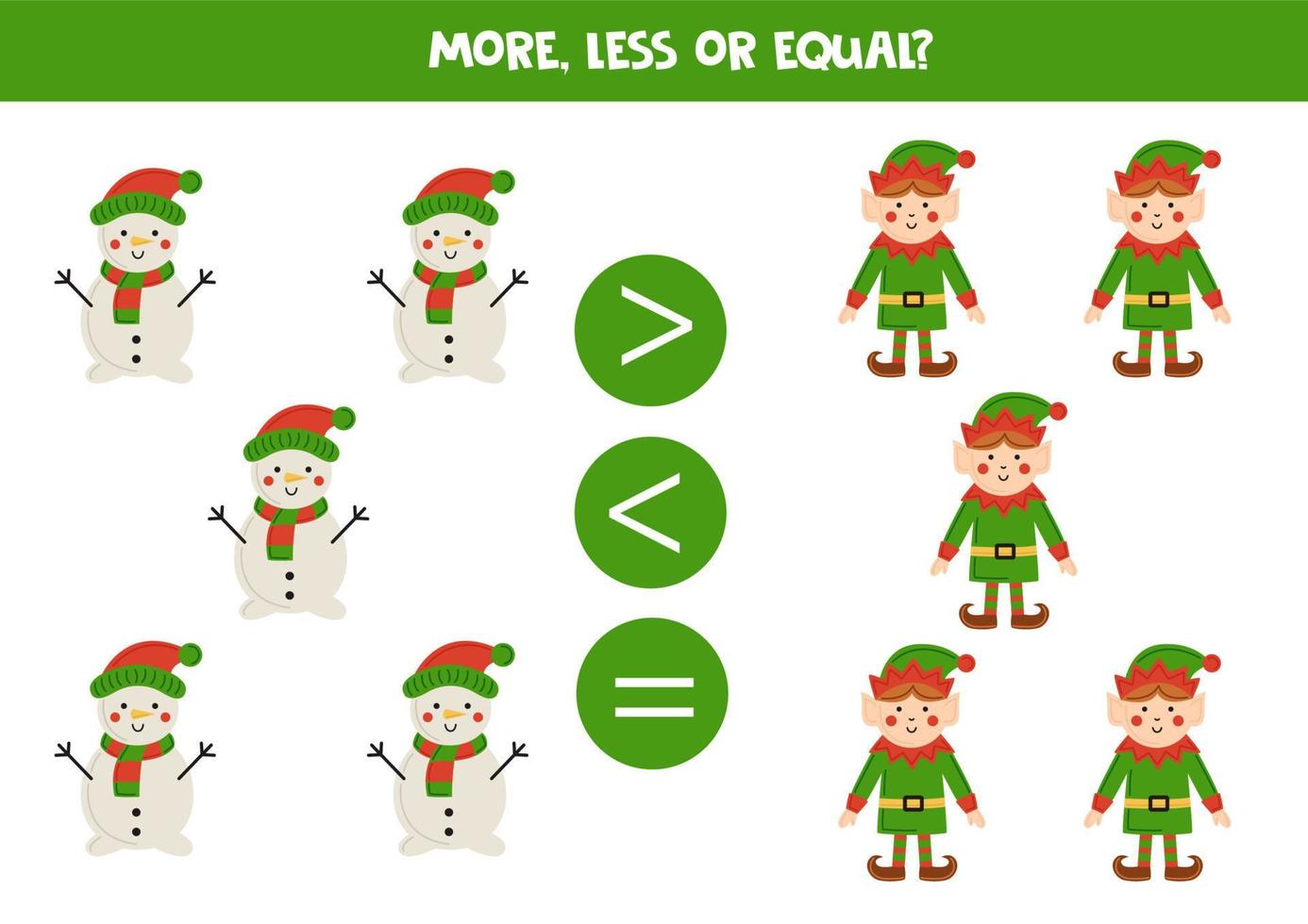 More, less or equal with cartoon snowman and elf. vector