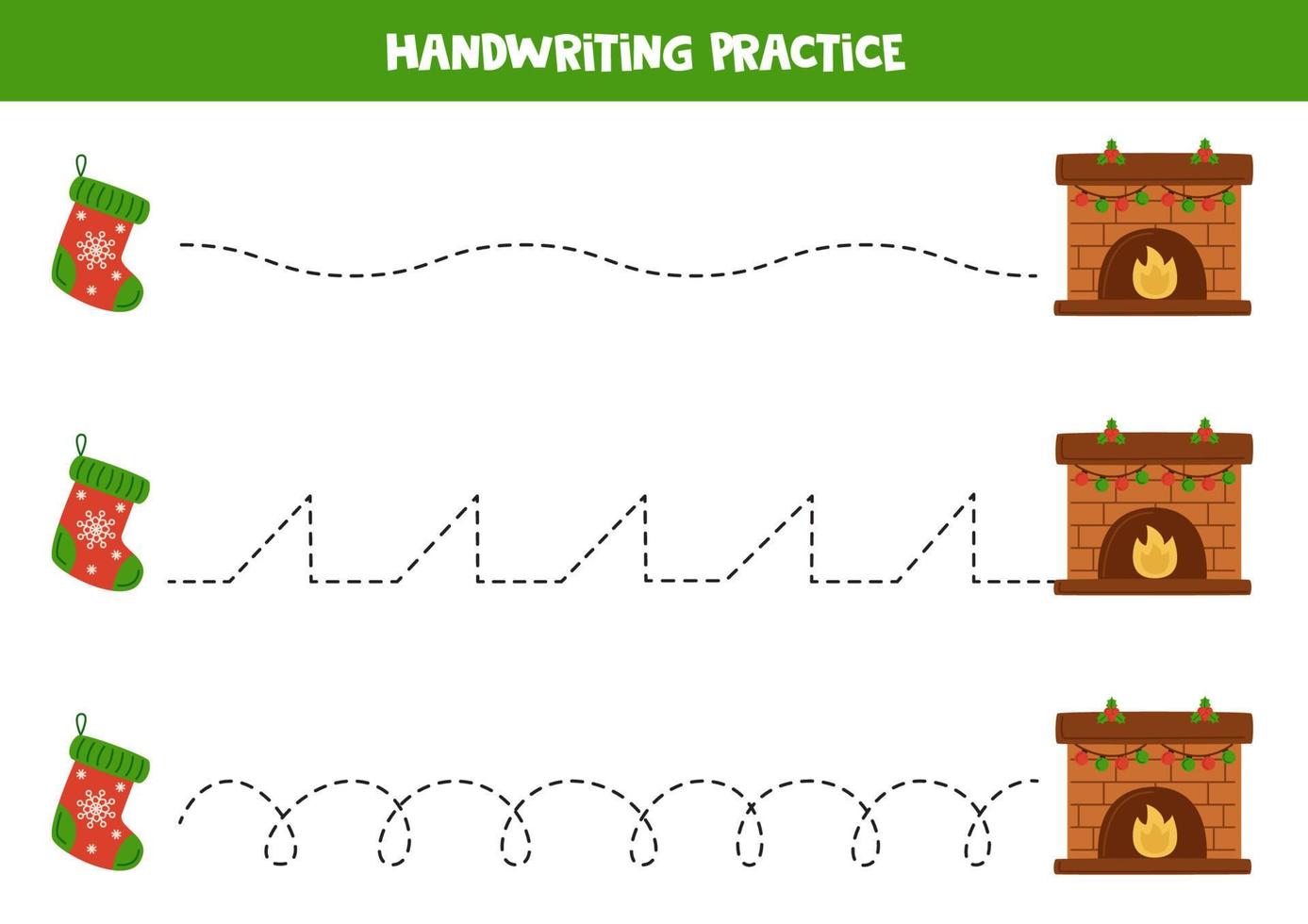 Tracing lines for kids. Cute Christmas socks and fireplaces. Writing practice. vector