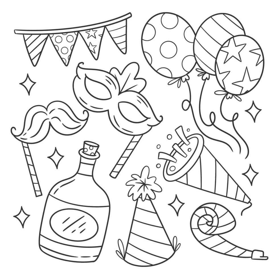 Hand drawn happy new year party element set of for coloring vector