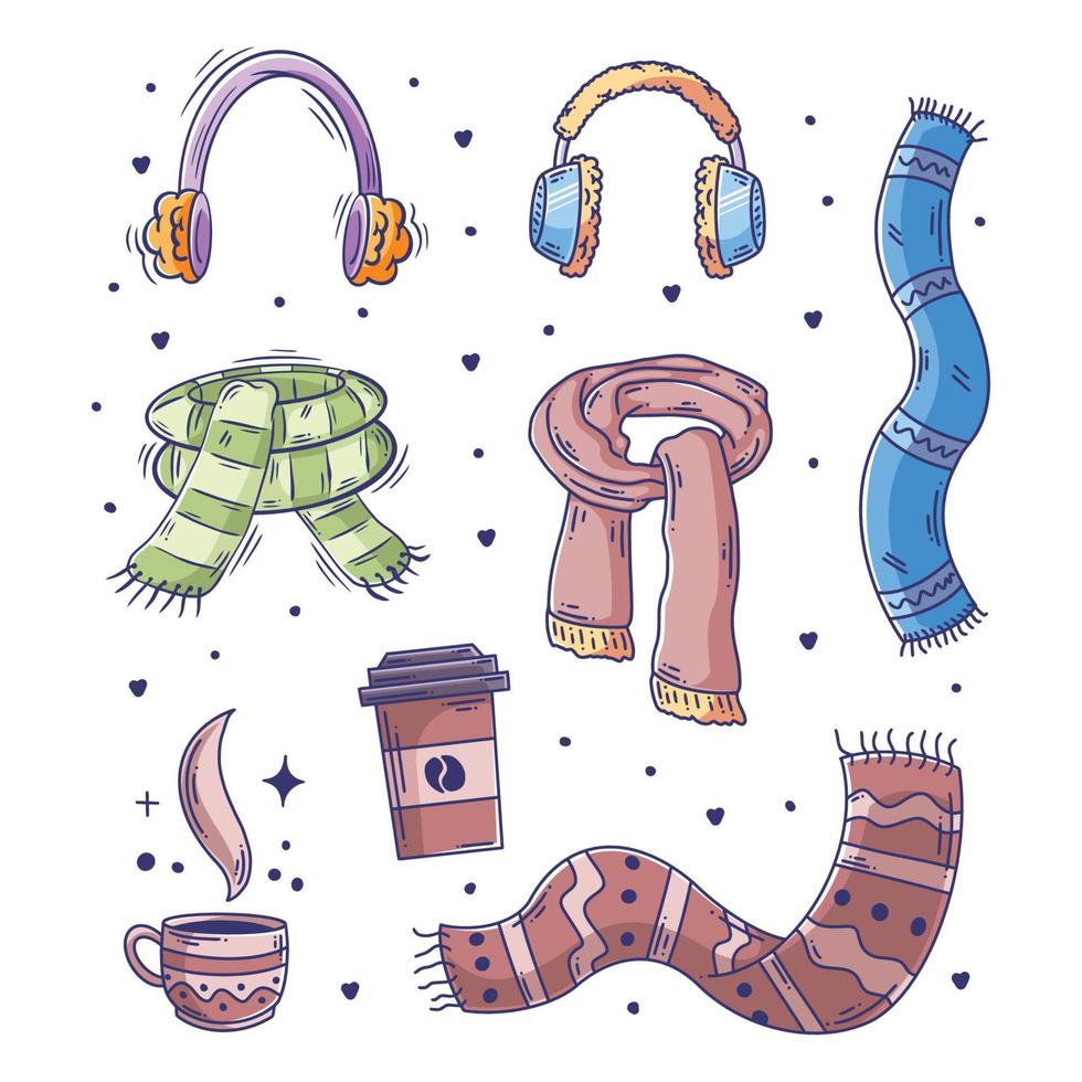 Winter icons set hand drawn doodle full color vector