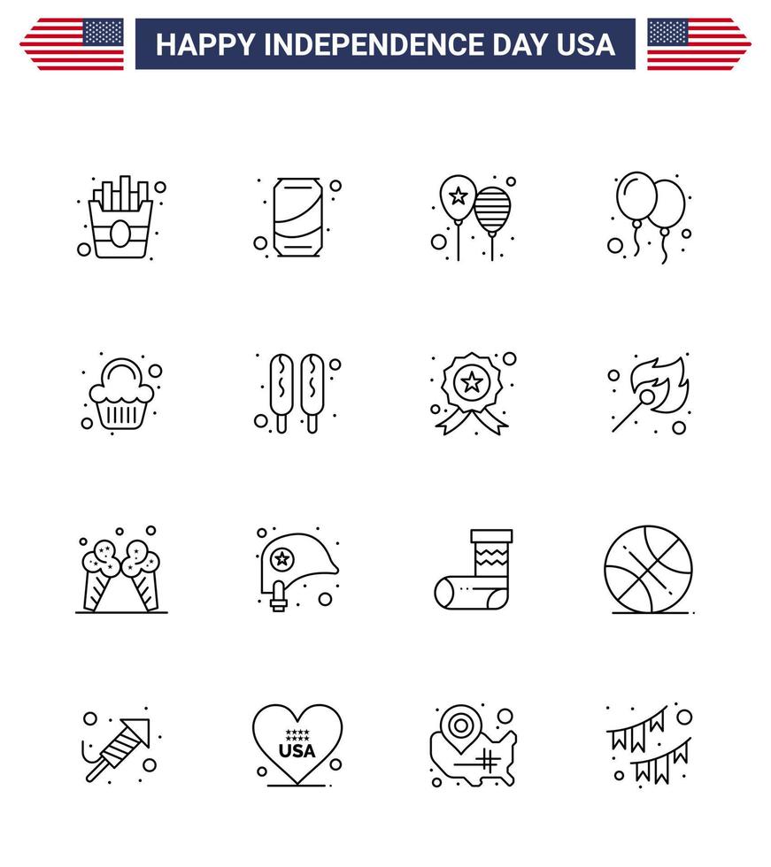 Pack of 16 creative USA Independence Day related Lines of party party celebrate day balloons Editable USA Day Vector Design Elements