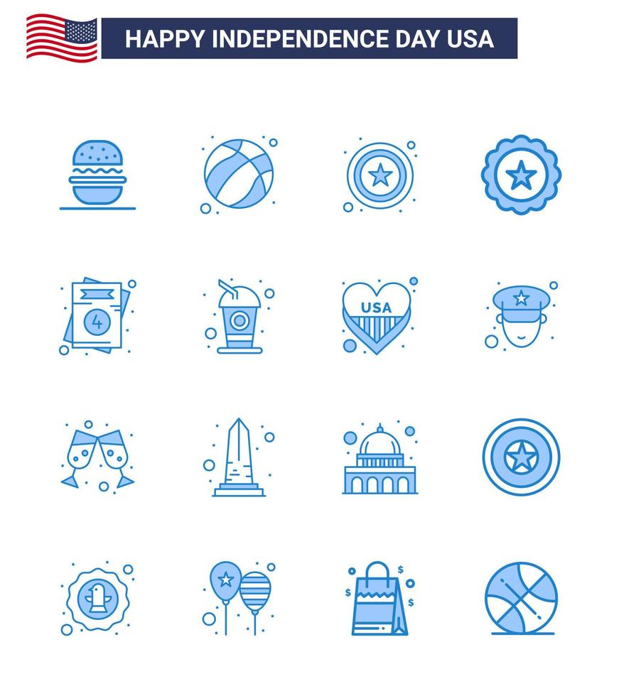 Happy Independence Day 4th July Set of 16 Blues American Pictograph of usa invitation police usa drink Editable USA Day Vector Design Elements