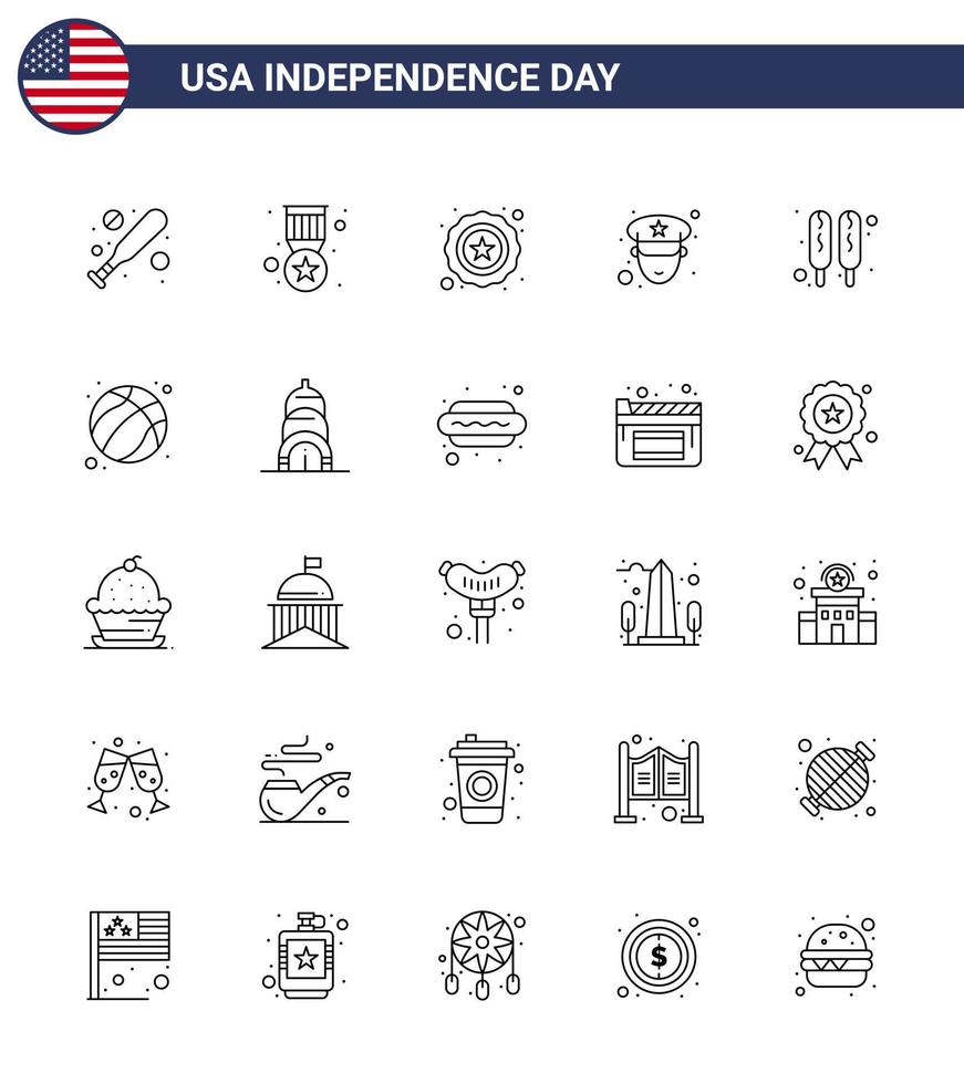 25 señales de línea para el día de la independencia de EE. UU. Ball Food Star Hot Dog Police Elementos editables de diseño vectorial del día de EE. UU. vector