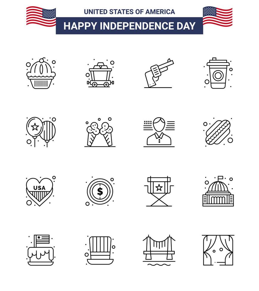 Pack of 16 USA Independence Day Celebration Lines Signs and 4th July Symbols such as party celebrate hand balloons cola Editable USA Day Vector Design Elements