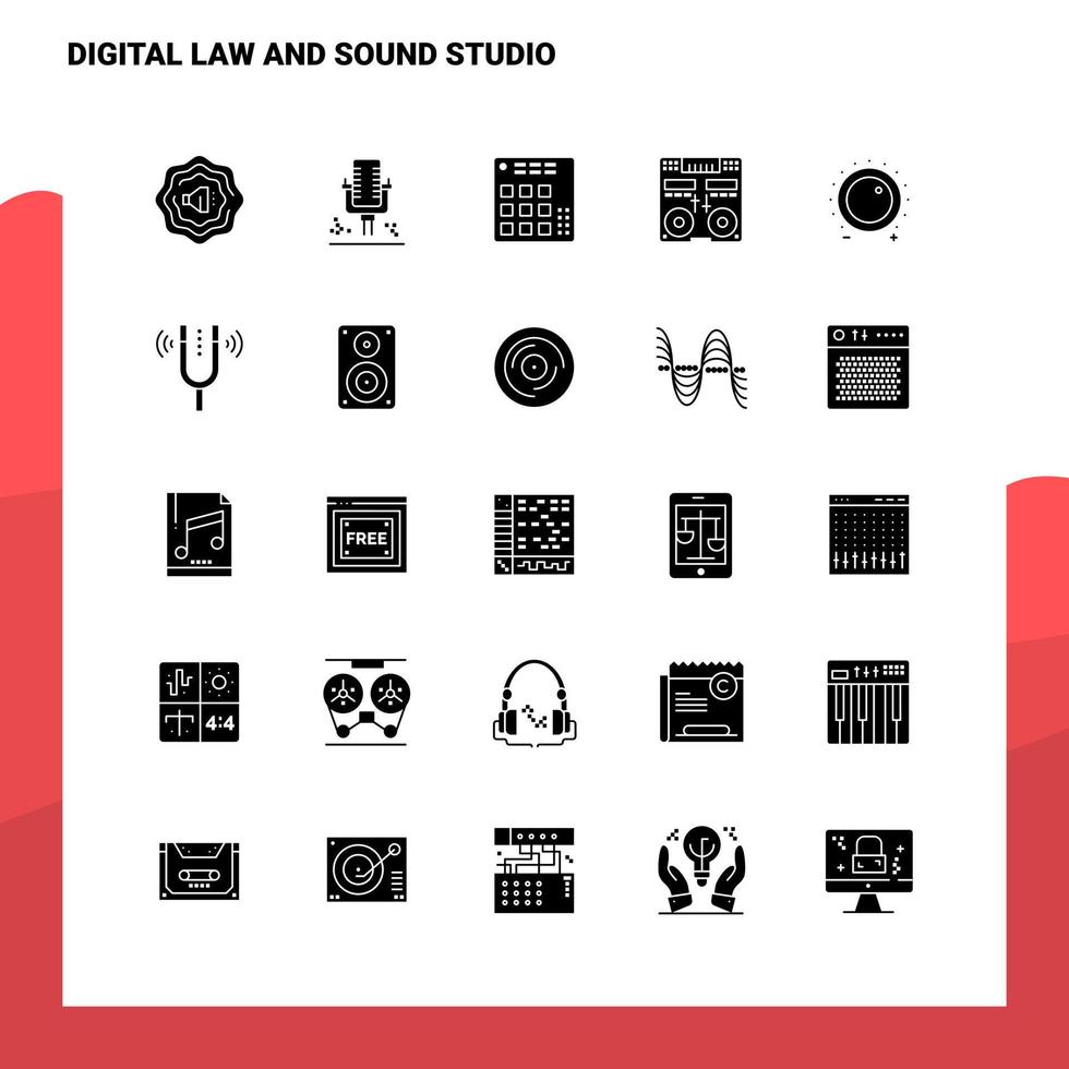 25 conjunto de iconos de estudio de derecho y sonido digital plantilla de ilustración de vector de icono de glifo sólido para ideas web y móviles para empresa comercial