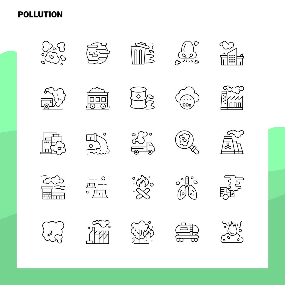 conjunto de iconos de línea de contaminación conjunto 25 iconos diseño de estilo minimalista vectorial conjunto de iconos negros paquete de pictogramas lineales vector