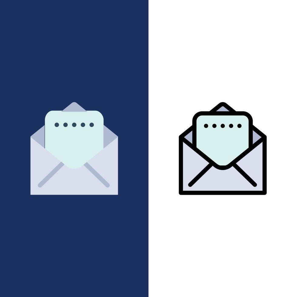 iconos de correo de documentos planos y llenos de línea conjunto de iconos vector fondo azul