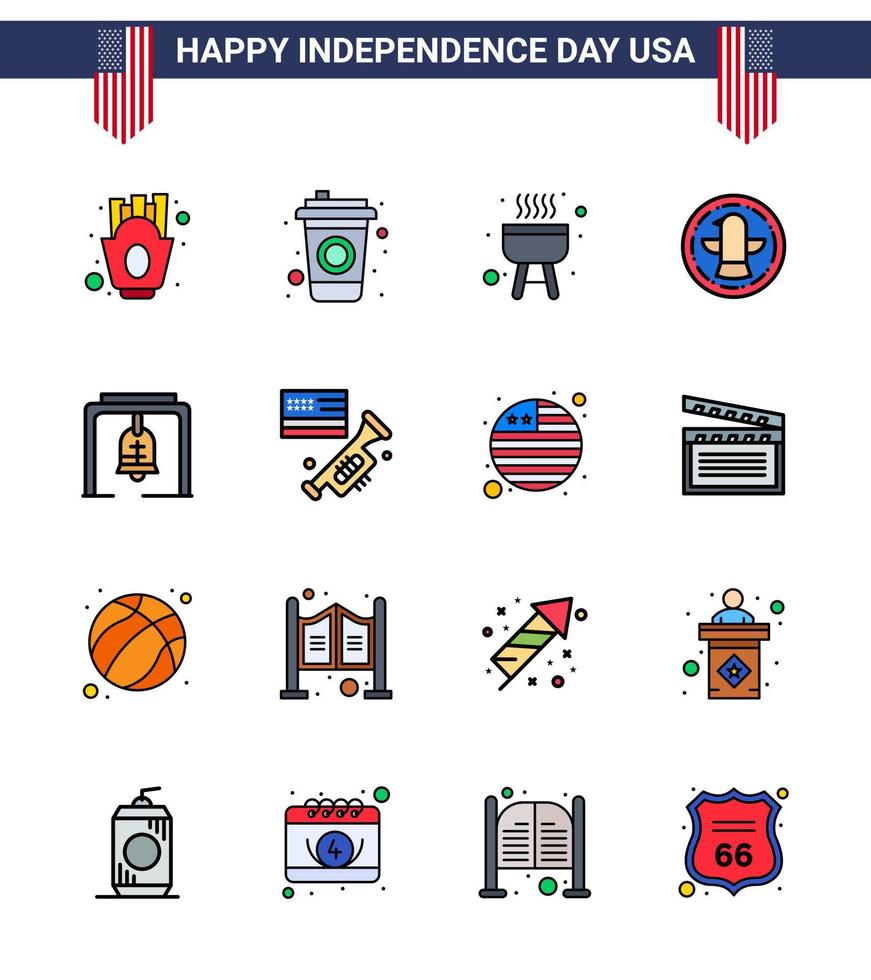 paquete de línea llena plana de 16 símbolos del día de la independencia de estados unidos de la campana de la iglesia celebración de alerta de barbacoa elementos de diseño vectorial editables del día de estados unidos vector