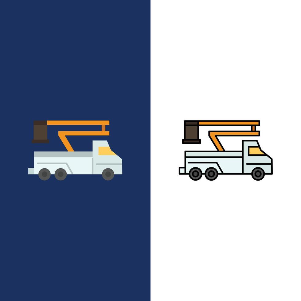 iconos de transporte de elevación de elevación de camión grúa plano y conjunto de iconos llenos de línea vector fondo azul