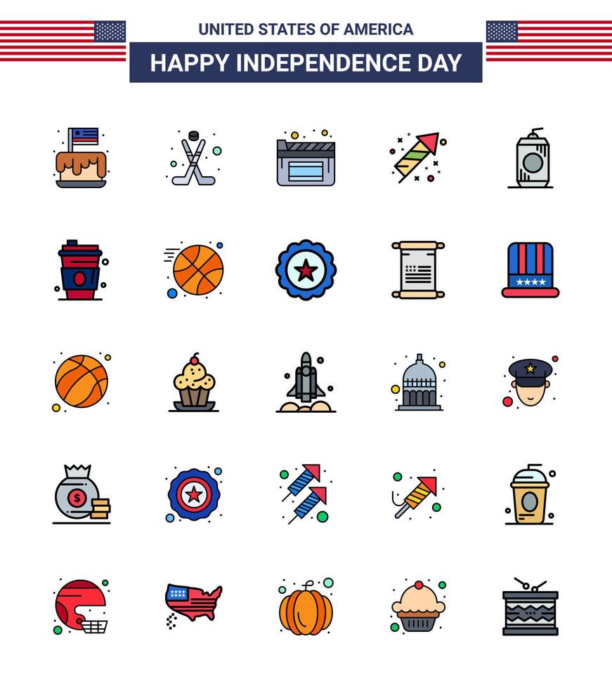 paquete de 25 celebración del día de la independencia de estados unidos signos de líneas llenas planas y símbolos del 4 de julio como fiesta de cola deporte celebración de fuegos artificiales elementos de diseño vectorial editables del día de estados unidos vector