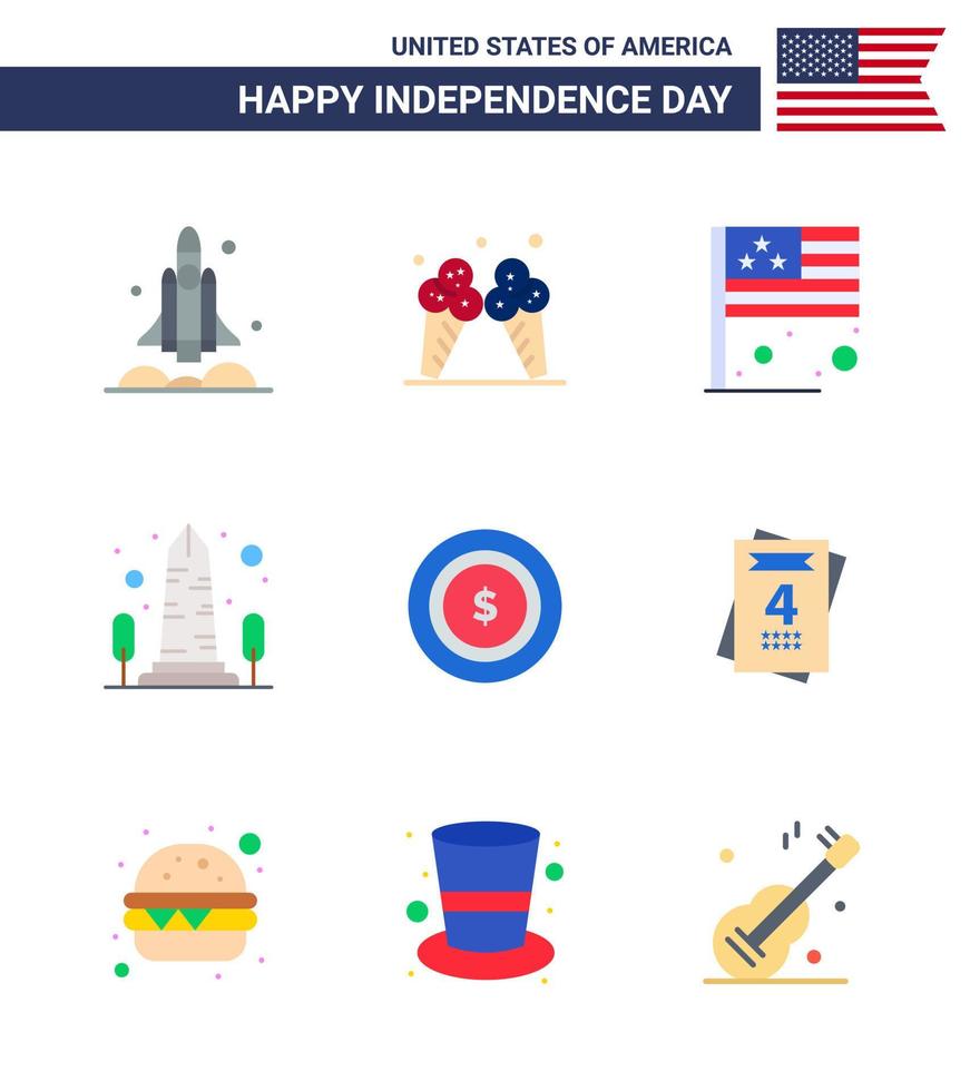 Happy Independence Day 4th July Set of 9 Flats American Pictograph of washington sight american monument usa Editable USA Day Vector Design Elements