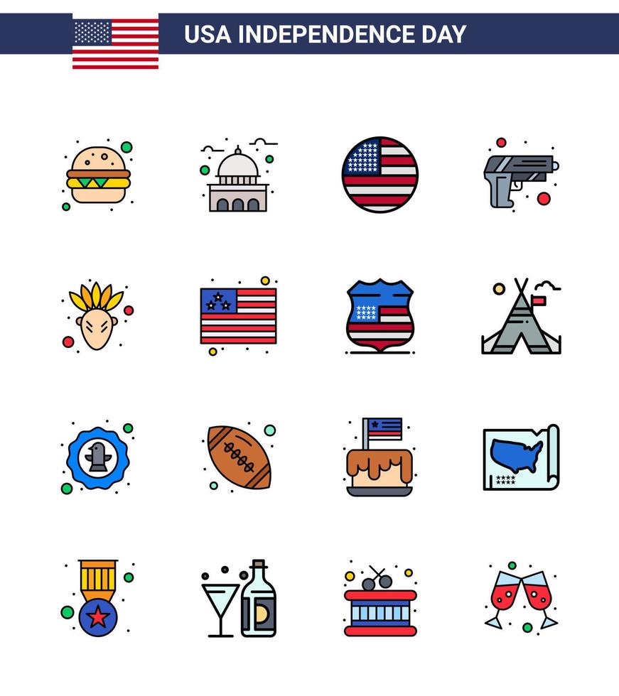 Happy Independence Day 4th July Set of 16 Flat Filled Lines American Pictograph of native american weapon american army gun Editable USA Day Vector Design Elements