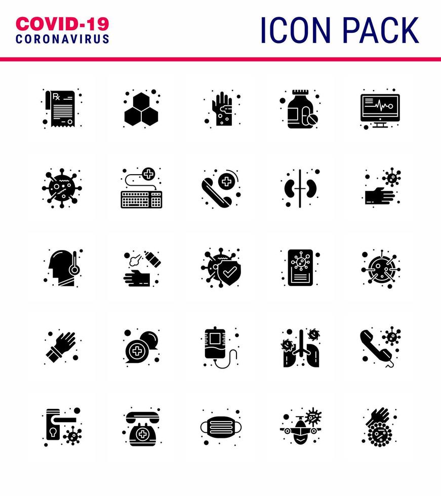 25 paquete de iconos de coronavirus de glifo sólido covid19 como píldoras de monitor médico virus de botella de medicina sucia coronavirus viral 2019nov elementos de diseño de vector de enfermedad