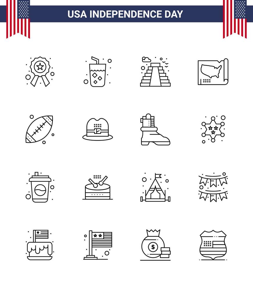 16 USA Line Signs Independence Day Celebration Symbols of footbal usa american united map Editable USA Day Vector Design Elements