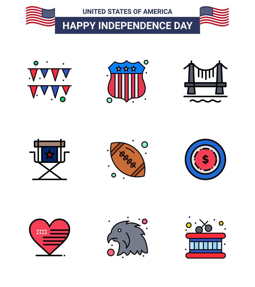 feliz día de la independencia 9 líneas planas rellenas paquete de iconos para web e impresión deportes pelota ciudad televisión películas editables día de estados unidos elementos de diseño vectorial vector