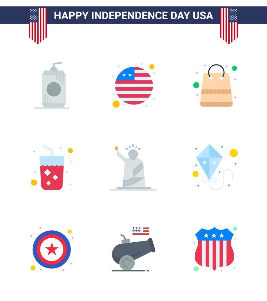 Happy Independence Day USA Pack of 9 Creative Flats of of landmarks money wine drink Editable USA Day Vector Design Elements