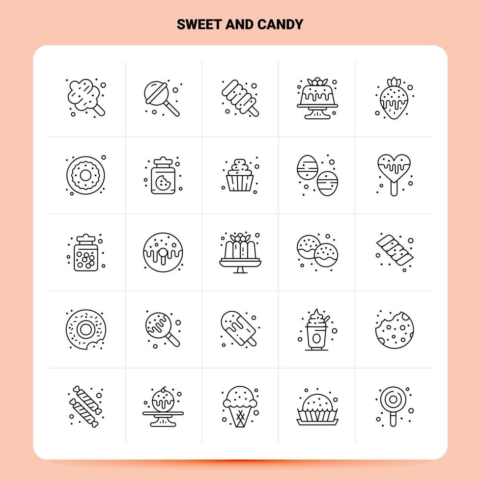 OutLine 25 Sweet And Candy Icon set Vector Line Style Design Black Icons Set Linear pictogram pack Web and Mobile Business ideas design Vector Illustration