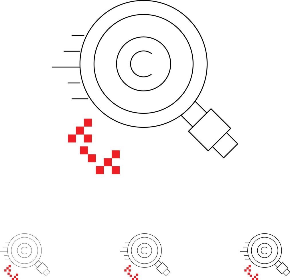 contenido derechos de autor encontrar propiedad del propietario conjunto de iconos de línea negra en negrita y delgada vector