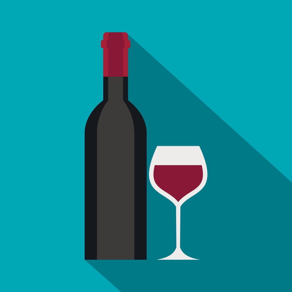 Glass and bottle of red wine icon, flat style vector