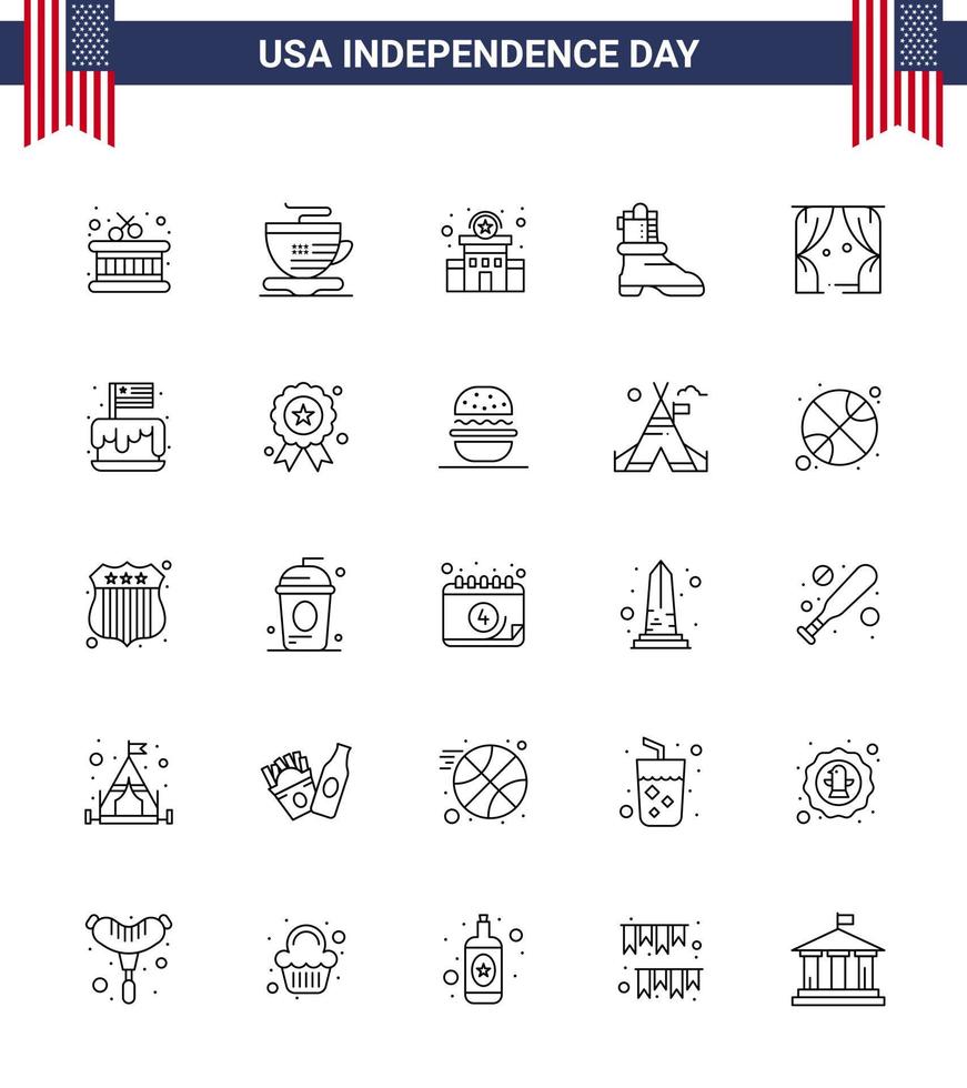 paquete de 25 líneas creativas relacionadas con el día de la independencia de estados unidos de la estación de teatro del festival ocio elementos de diseño vectorial del día de estados unidos editables estadounidenses vector