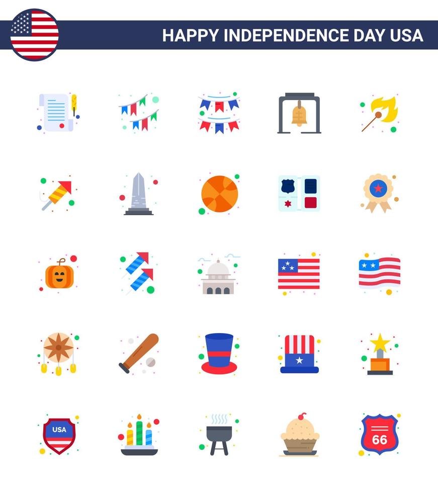 Happy Independence Day Pack of 25 Flats Signs and Symbols for religion outdoor alert match camping Editable USA Day Vector Design Elements