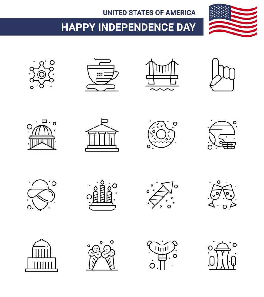 Modern Set of 16 Lines and symbols on USA Independence Day such as landmark building building american hand Editable USA Day Vector Design Elements
