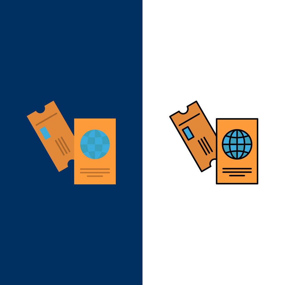 Pasaporte boletos de negocios viajes vacaciones iconos planos y llenos de línea conjunto de iconos vector fondo azul