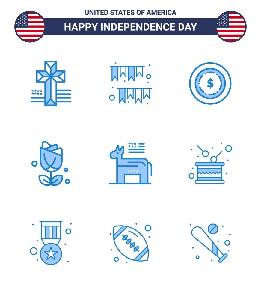 9 USA Blue Signs Independence Day Celebration Symbols of political donkey american plent imerican Editable USA Day Vector Design Elements