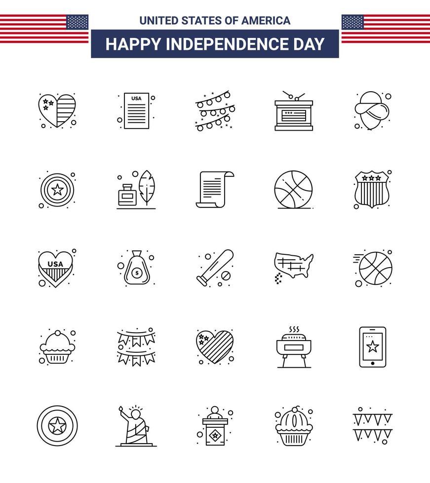 Group of 25 Lines Set for Independence day of United States of America such as police cowboy party decoration usa independece Editable USA Day Vector Design Elements