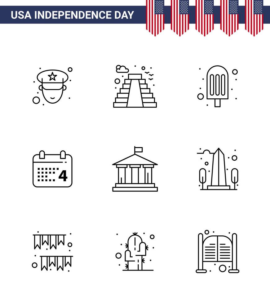 9 USA Line Pack of Independence Day Signs and Symbols of usa flag food bank date Editable USA Day Vector Design Elements