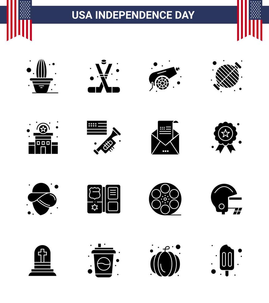 USA Happy Independence DayPictogram Set of 16 Simple Solid Glyphs of party bbq america barbecue weapon Editable USA Day Vector Design Elements