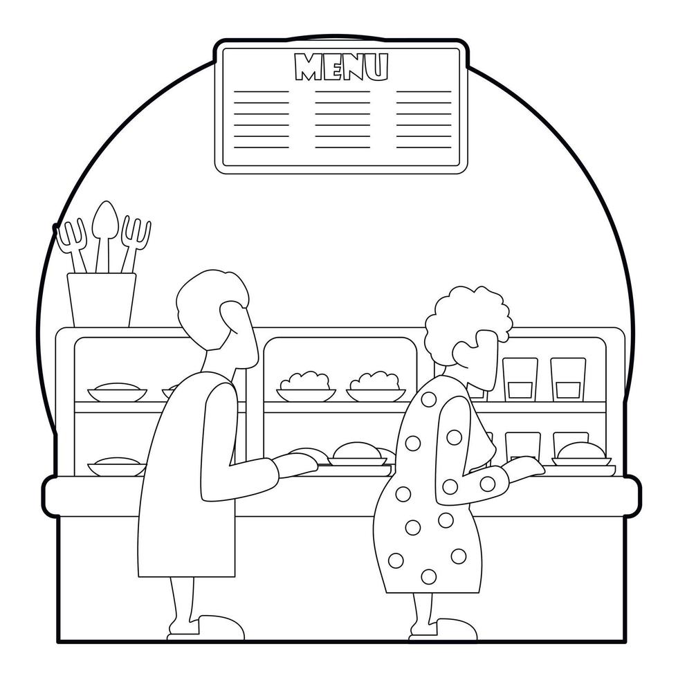 Queue in canteen for food concept, outline style vector