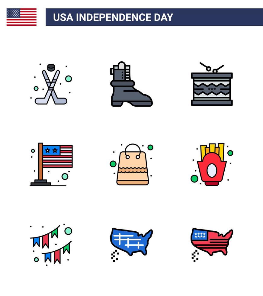 USA Happy Independence DayPictogram Set of 9 Simple Flat Filled Lines of money usa instrument international country Editable USA Day Vector Design Elements