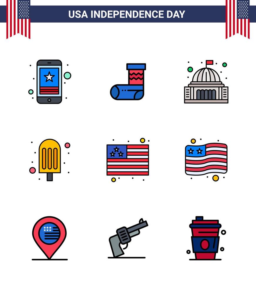 Set of 9 Vector Flat Filled Lines on 4th July USA Independence Day such as country food gift cream landmark Editable USA Day Vector Design Elements