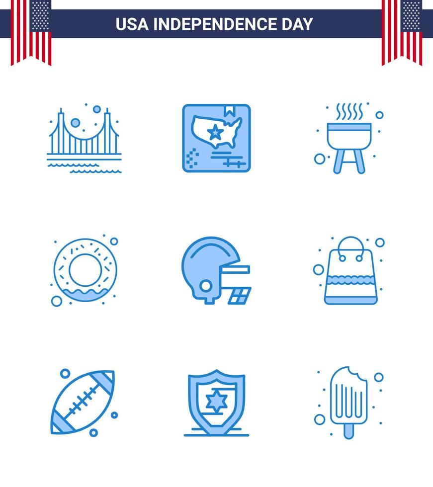 USA Independence Day Blue Set of 9 USA Pictograms of helmet american world nutrition donut Editable USA Day Vector Design Elements