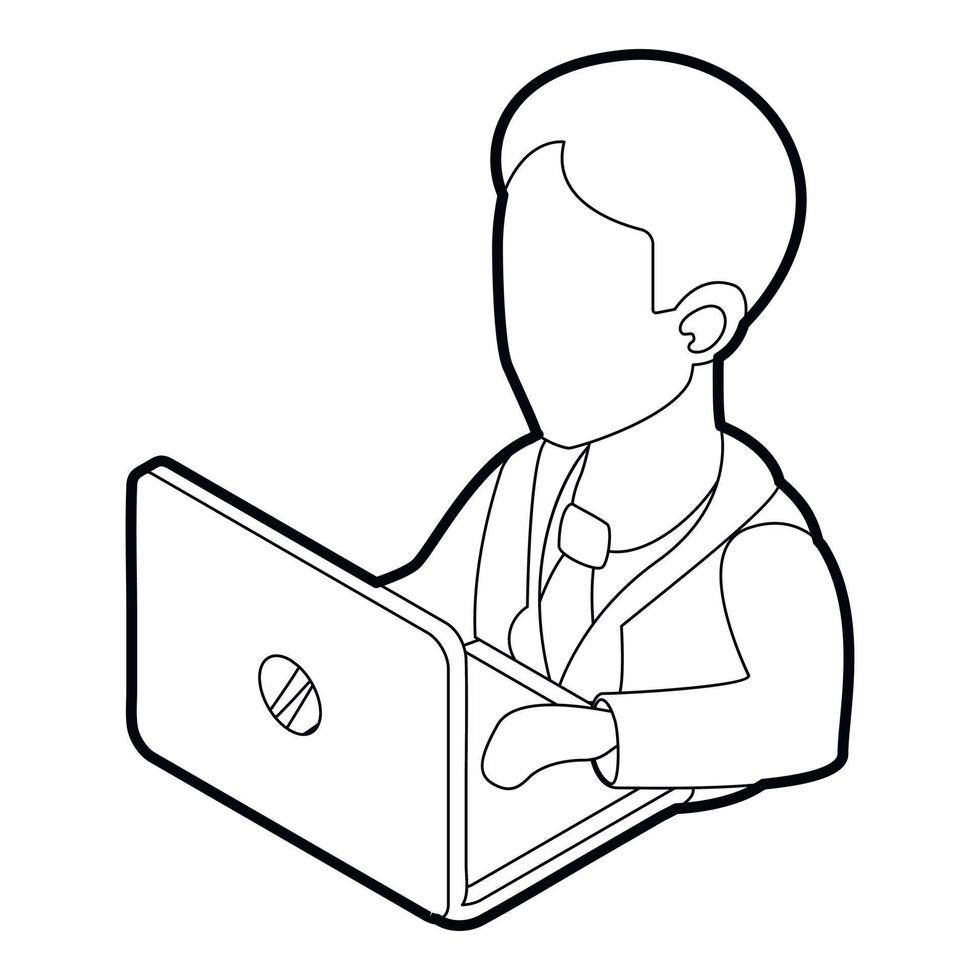 Businessman using his laptop icon, outline style vector